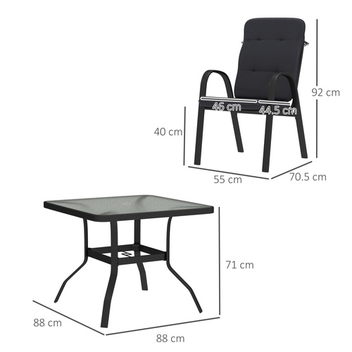 Outsunny 5 Pieces Outdoor Square Garden Dining Set w/ Tempered Glass Dining Table 4 Cushioned Armchairs, Umbrella Hole, Black