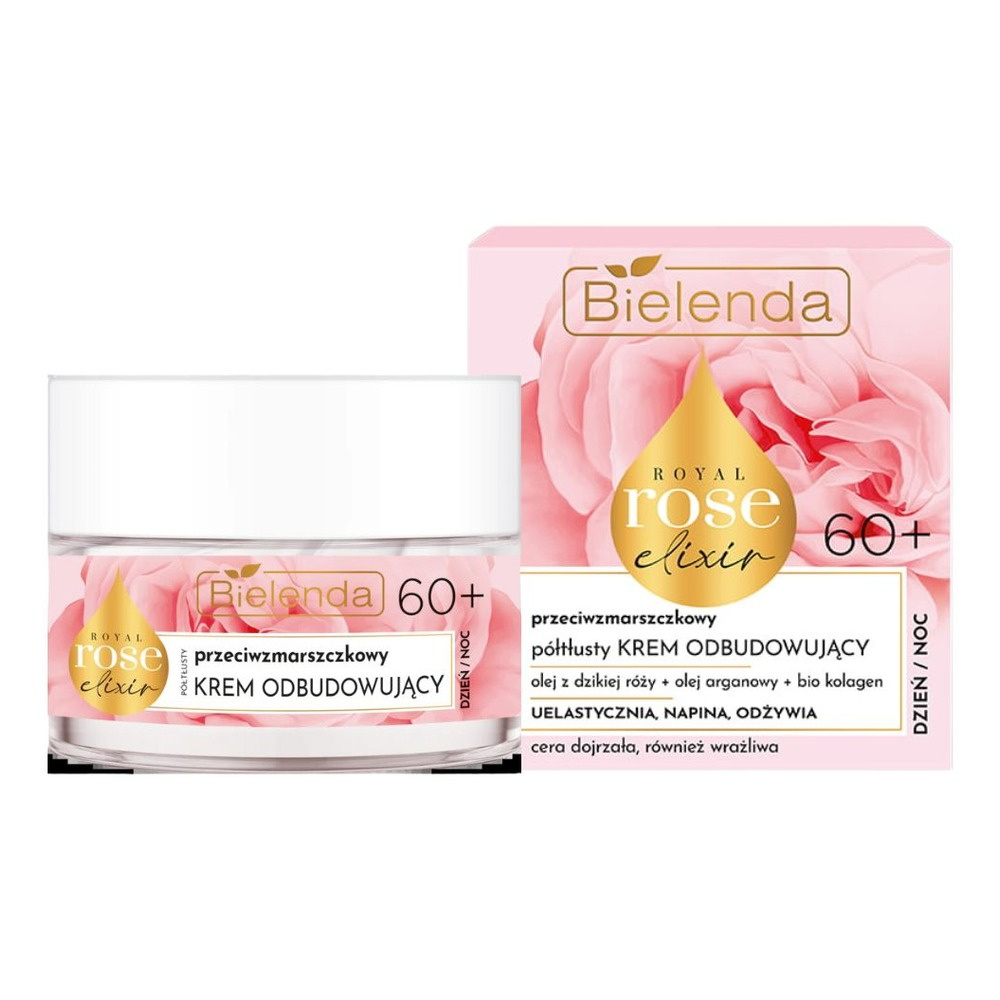 Bielenda Royal Rose Elixir Przeciwzmarszczkowy Krem Półtłusty Odbudowujący 60+ do Twarzy dla Skóry Dojrzałej i Wrażliwej na Dzień i na Noc 50ml