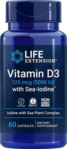 Life Extension Witamina D3 z Jodem Morskim 5000 IU Na Zdrowe Kości i Wsparcie Tarczycy 60 Kapsułek