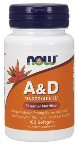 NOW Foods Vitamin A and D 10000/400 IU For Strong Bones and Healthy Eyes 100 Softgels