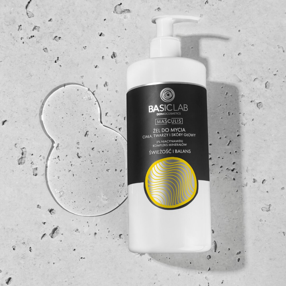 BasicLab Masculis Gel for Washing Body, Face and Scalp 2% Niacinamide Mineral Complex Freshness and Shine for Men 500ml