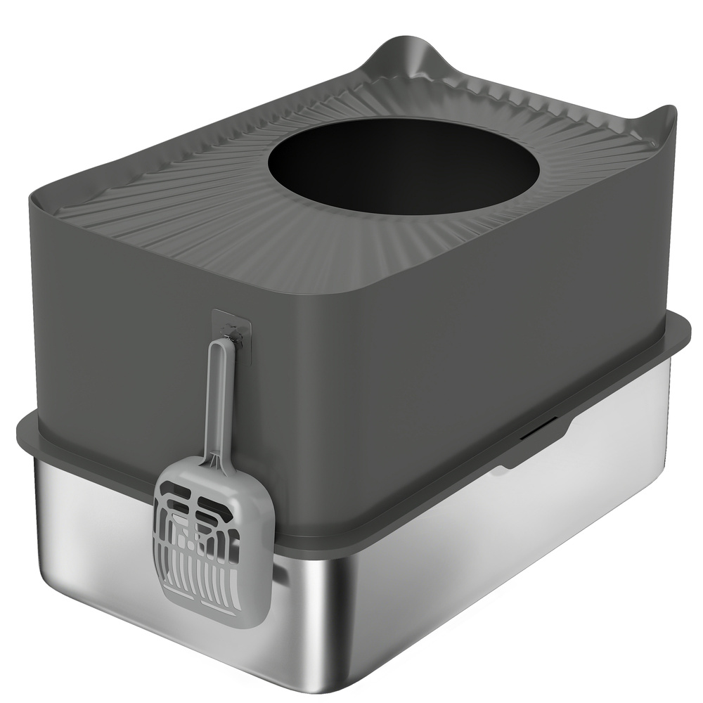 PawHut Stainless Steel Cat Litter Tray, Extra Large Enclosed Litter Box with Scoop, Top Entrance, Non-slip Pads, Dark Grey