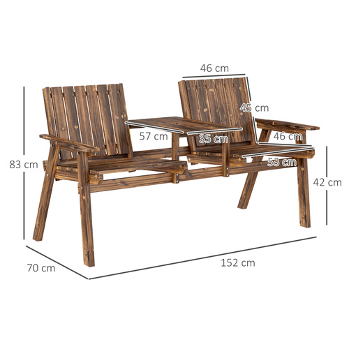 Outsunny 2-Seater Garden Loveseat with Table and Parasol Hole for Porch, Patio, Carbonised Finish