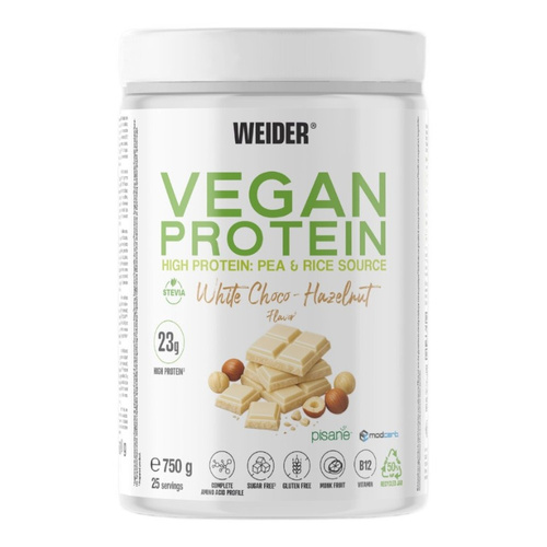Weider Vegan Protein Białko Grochowe i Ryżowe Biała Czekolada i Orzech Laskowy 750g