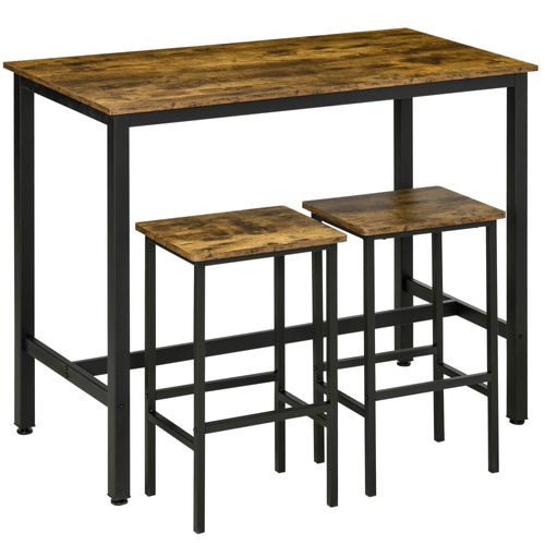 HOMCOM 120x60cm Bar Table Set, Breakfast Table with 2 Stools, 3-Piece Counter Height Dining Table & Chairs for Kitchen, Living Room, Rustic Brown