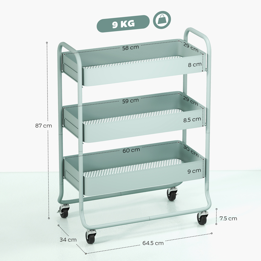HOMCOM 3-Tier Storage Trolley on Wheels, Rolling Utility Cart with Mesh Backets for Kitchen, Bathroom, Bedroom, Light Green