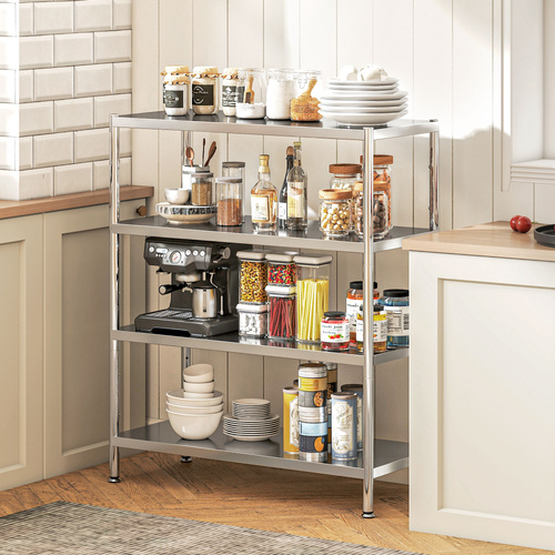 HOMCOM 4-Tier Bakers Rack with Storage, Stainless Steel Microwave Stand with Adjustable Shelves for Small Spaces, Kitchen Storage Unit for Spices, Pots and Pans, Silver Tone