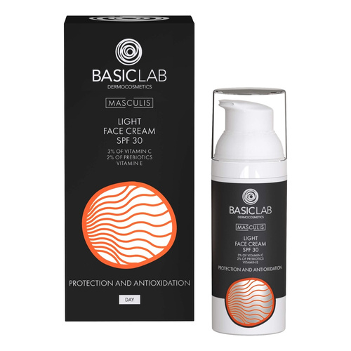 BasicLab Masculis Lekki Krem do Twarzy SPF30 3% Witaminy C 2% Prebiotyków Witamina E Prewencja i Antyoksydacja dla Mężczyzn 50ml