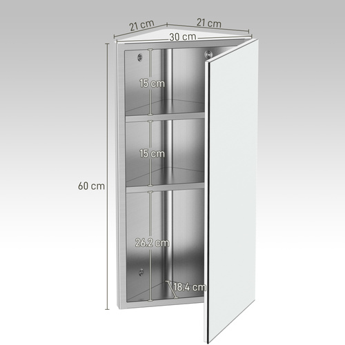 HOMCOM Stainless Steel Wall mounted Bathroom Corner Mirror Storage Cabinet Single Door 300mm (W)