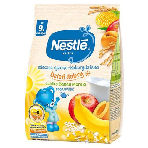 Nestle Dzień Dobry Kaszka Mleczna Ryżowo-Kukurydziana o Smaku Jabłka Bananów i Moreli po 9 Miesiącu 230g Best Before 30.11.26