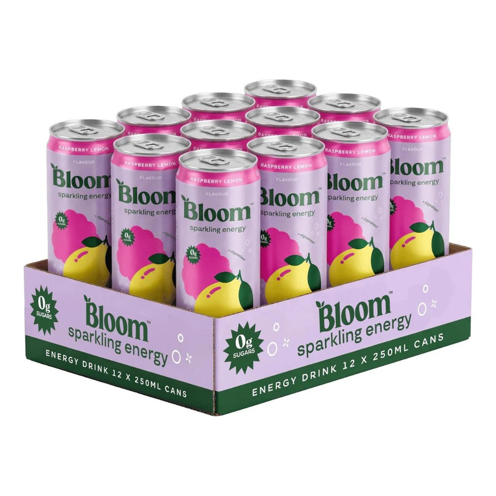 Bloom Sparkling Energy Drink, Raspberry Lemon 12 x 250ml.