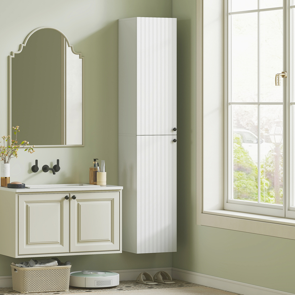 HOMCOM Wall Mounted Tall Bathroom Storage Cabinet with Soft-Close Hinges, Slim Bathroom Cabinet with 2 Doors, White
