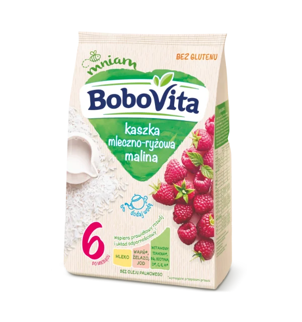 BoboVita Bezglutenowa Kaszka Mleczno Ryżowa o Smaku Maliny dla Niemowląt po 6 Miesiącu 230g