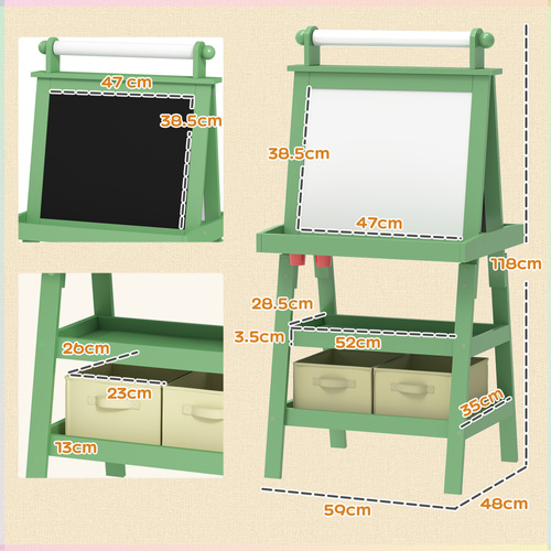 AIYAPLAY 3 in 1 Kids Easel Double-Sided Magnetic Whiteboard and Chalkboard with Paper Roll, Storage Baskets - Green