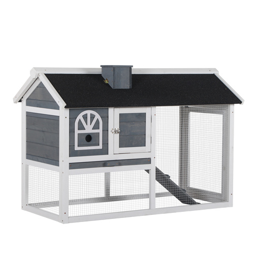 PawHut Wooden Rabbit Hutch and Run with Sliding Tray, Ramp, Water-resistant Roof, for 2-4 Rabbits, Grey
