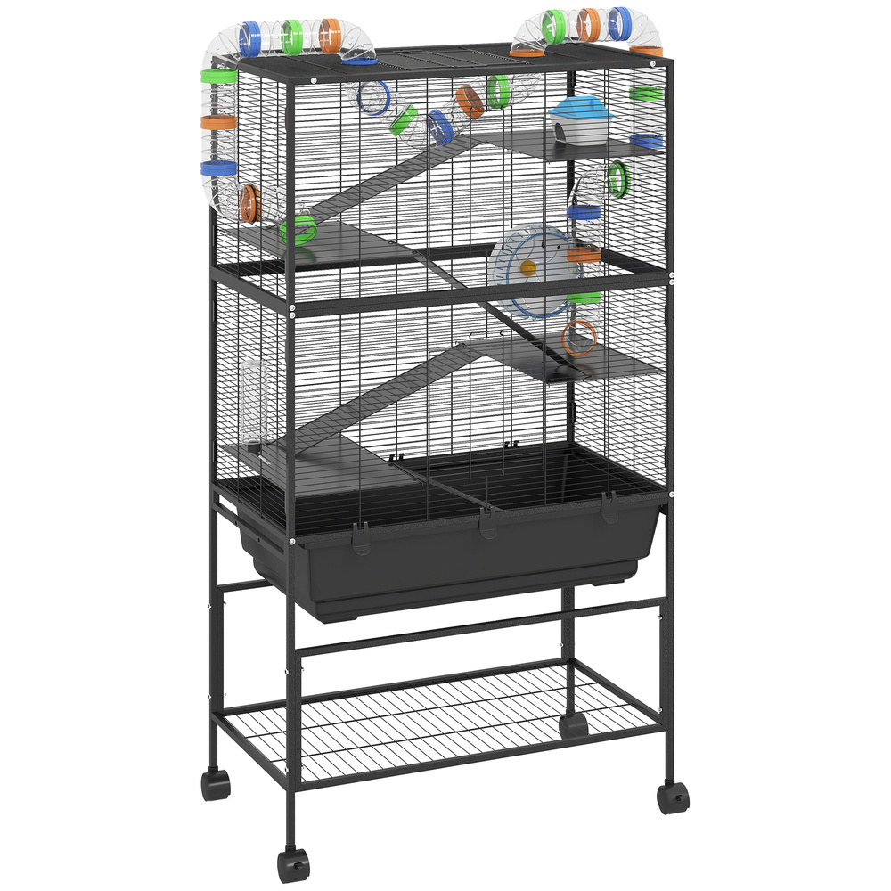 PawHut 5 Tier Large Hamster Cage on Wheels with 17 cm Deep Tray, Storage Shelf for Syrian, Gerbil, Rats