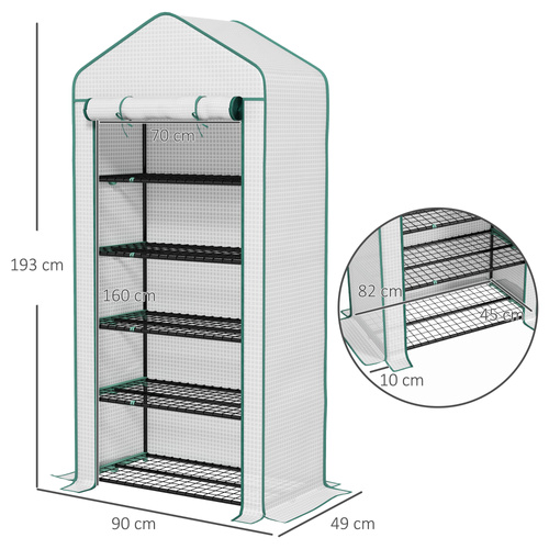 Outsunny 5 Tier Widened Mini Greenhouse with Reinforced PE Cover, Portable Indoor Outdoor Green House with Roll-up Door and Wire Shelves, 90 x 49 x 193cm, White