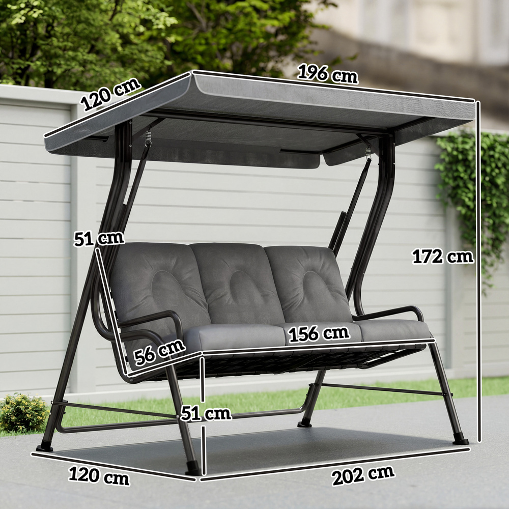 Outsunny 3-Seater Garden Swing Seat, Outdoor Swing Chair with Adjustable Waterproof Canopy, Light Grey