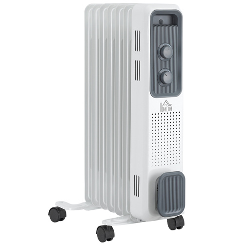 HOMCOM 1500W Oil Filled Radiator, Portable Electric Heater with 3 Heat Settings, Safety Cut-Off and Wheels, White