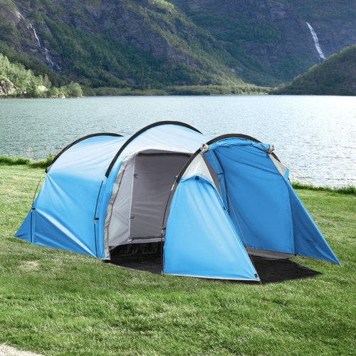 Outsunny 2-3 Man Tunnel Tent with Vestibule, Weather-Resistant Camping Tent with Air Vents for Fishing Hiking, Light Blue & Grey