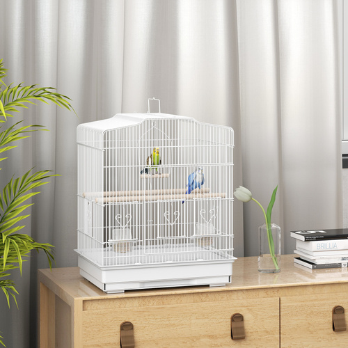 PawHut Large Metal Bird Cage with Perches, Food Bowls, Swing, for Budgies, Parakeets, White