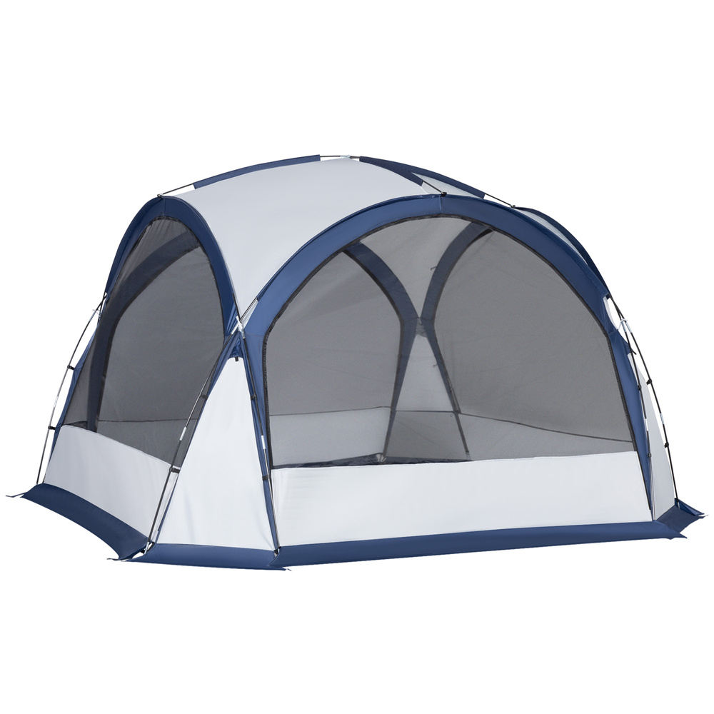 Outsunny Dome Tent for 6-8 Person, Camping Tent with 4 Zipped Mesh Doors, Removable Oxford Cloth, Lamp Hook, Portable Carry Bag, White and Blue