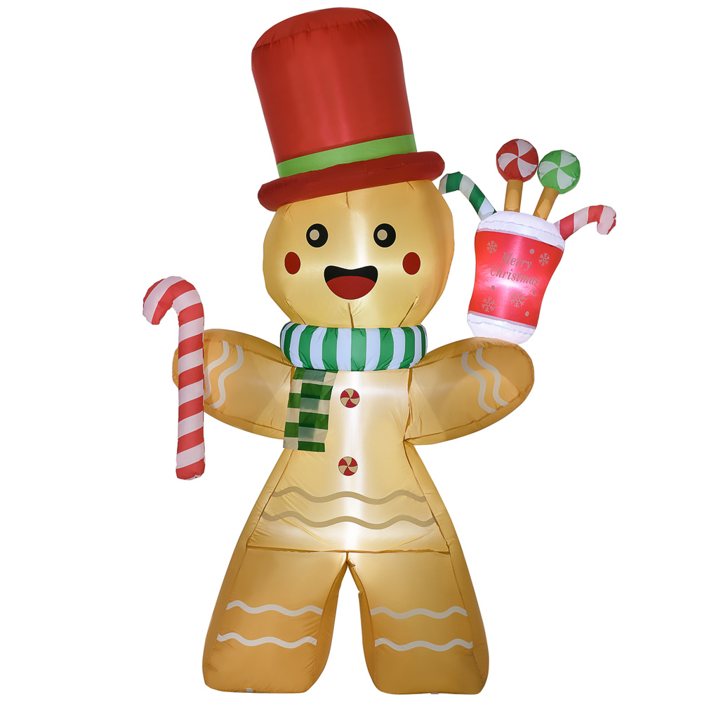 HOMCOM 7.5ft Christmas Inflatable Gingerbread Man with Candy Cane, Blow-Up Outdoor Garden Display for Lawn, Party