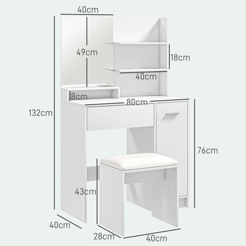 HOMCOM Dressing Table and Stool Set, with Storage - White