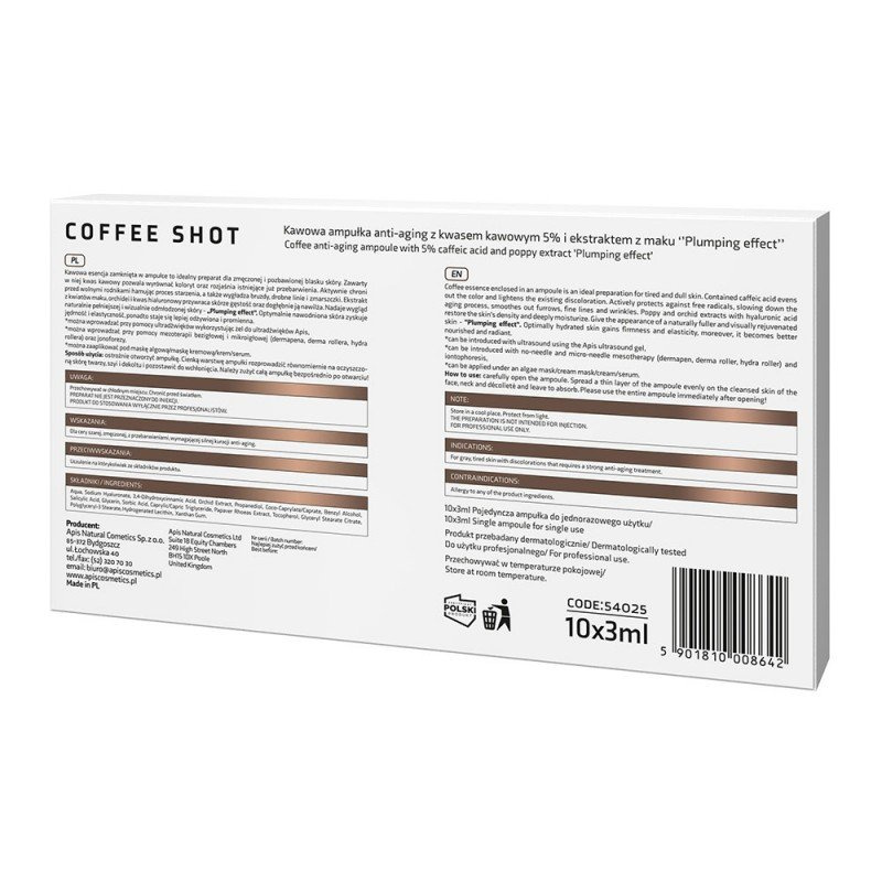 Apis Professional Coffee Shot Kawowa Ampułka Anti-Aging z Kwasem Kawowym 5% i Ekstraktem z Maku Plumping Effect’ 10x3,5ml