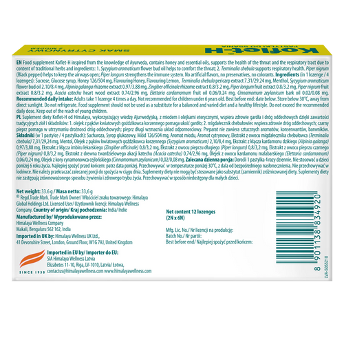 Himalaya Koflet-H Lemon Supports Respiratory Health 12 Lozenges