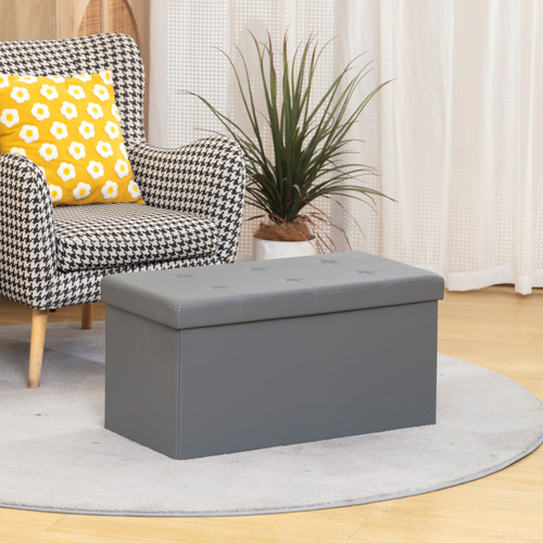 HOMCOM Storage Ottoman Bench, 89L PU Leather Folding Foot Rest Stool, End of Bed Bench, Easy Assembly, for Living Room, Bedroom, Entryway, Grey