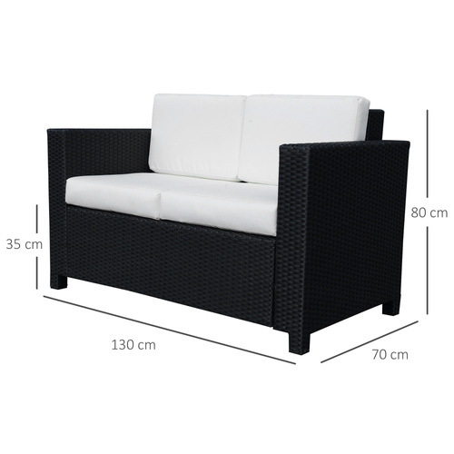 Outsunny Rattan Sofa, 2 Seater Garden Furniture with Soft Padded Cushion and Armrests, Wicker Garden Loveseat for Patio, Black