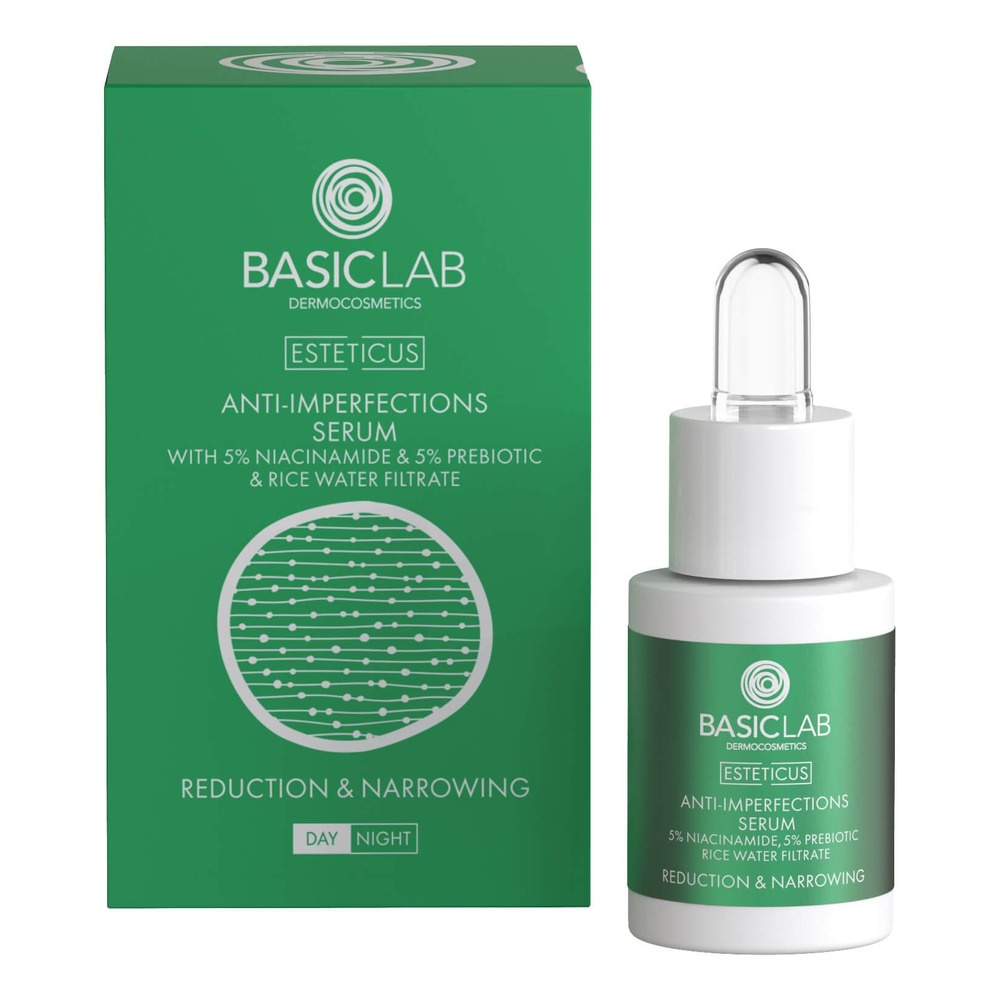 BasicLab Dermocosmetics Serum Zmniejszające Niedoskonałości z Niacynamidem 5% Redukcja i Zwężenie dla Skóry Problematycznej na Dzień i na Noc 15ml