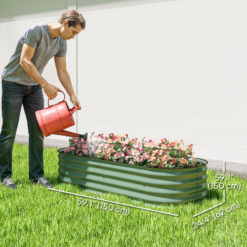 Outsunny Galvanised Raised Garden Bed, Metal Planter Box with Safety Edging, for Flowers, Herbs, Succulents, Green