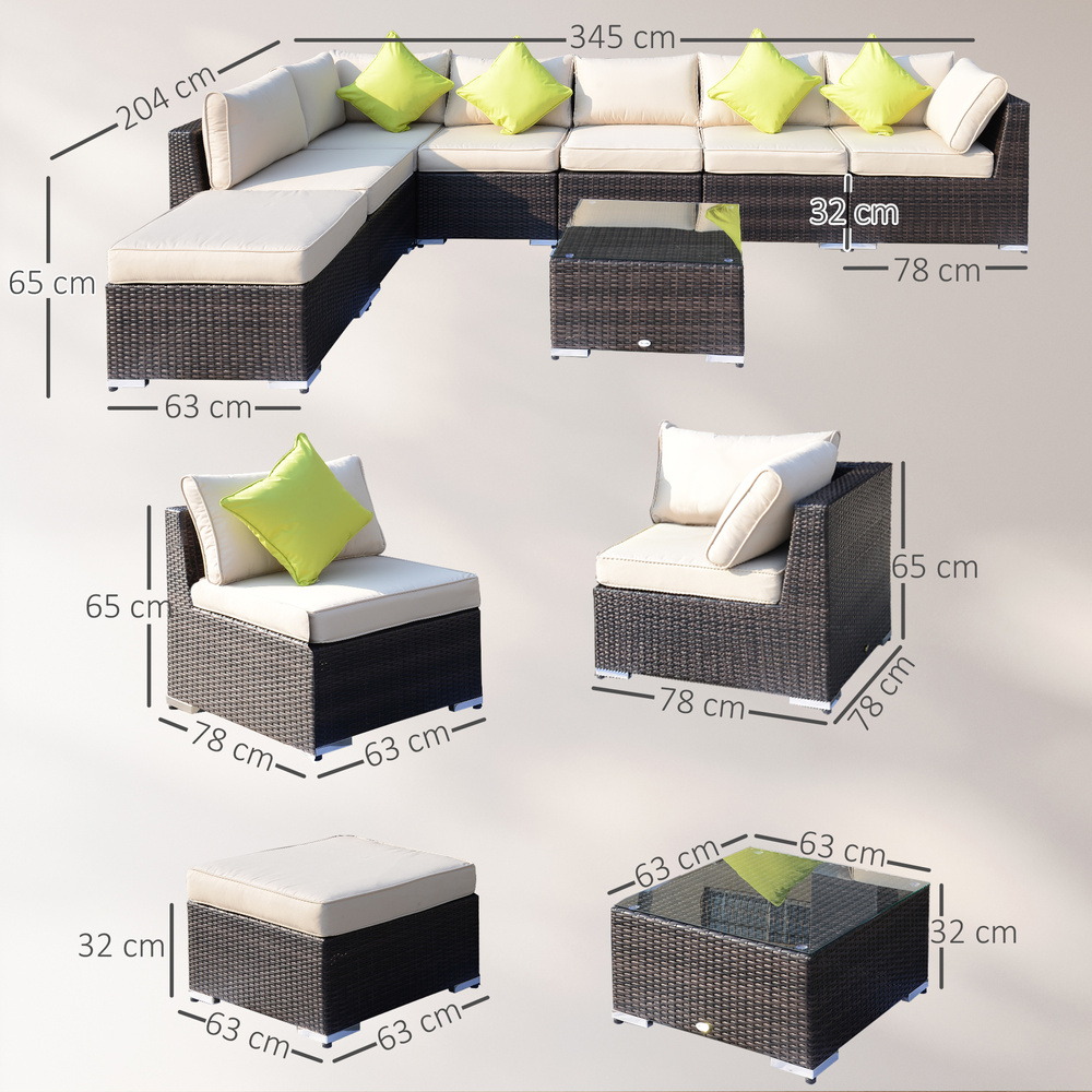 Outsunny 8 Piece Rattan Corner Sofa Set with Wide & Deep Seat, Assembled Aluminium PE Rattan Garden Furniture Set with Thick Cushions and Glass Top Table for Outdoor, Conservatory, Mixed Brown