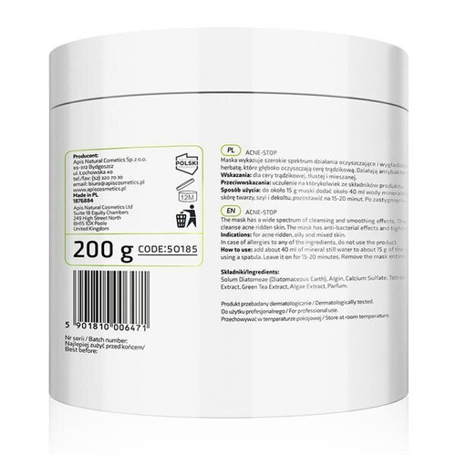 Apis Professional Acne Stop Maska Algowa z Bambusem Zieloną Herbatą i Czarnym Błotem z Morza Martwego dla Cery Trądzikowej 200g