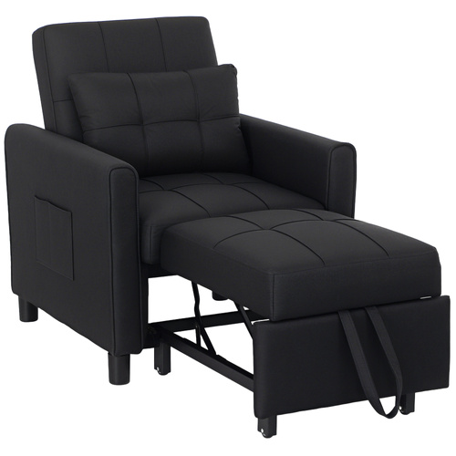 HOMCOM 3-In-1 Linen-Look Single Chair Bed with 11cm Thick Adjustable Back & Eucalyptus Wood Sofa Frame - Black