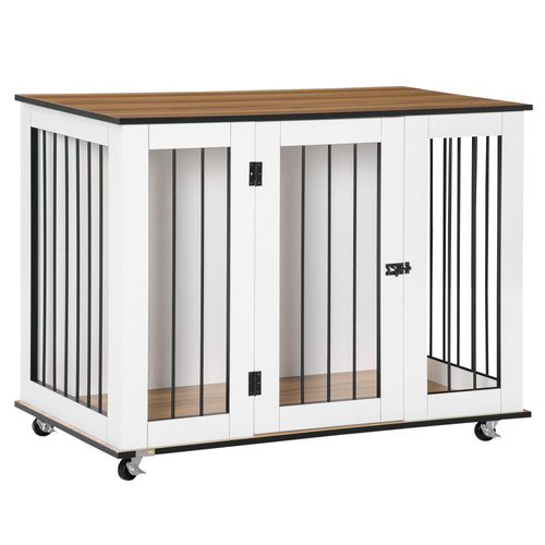 PawHut Dog Crate Furniture, Dog Cage End Table, with Wheels, for Large Dogs, 106 x 60 x 82 cm - White
