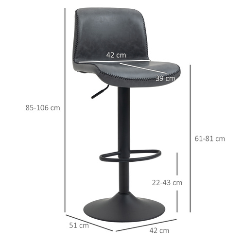 HOMCOM Bar Stools Set of 2, PU Leather Barstools with Backrest and Footrest for Kitchen, Counter, Breakfast Bar, Dark Grey