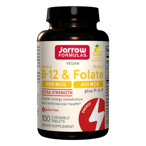 Jarrow Formulas Metylowana Witamina B12 i Metylofolian z P-5-P o Smaku Cytrynowym na Energię i Układ Nerwowy 100 Tabletek do Ssania