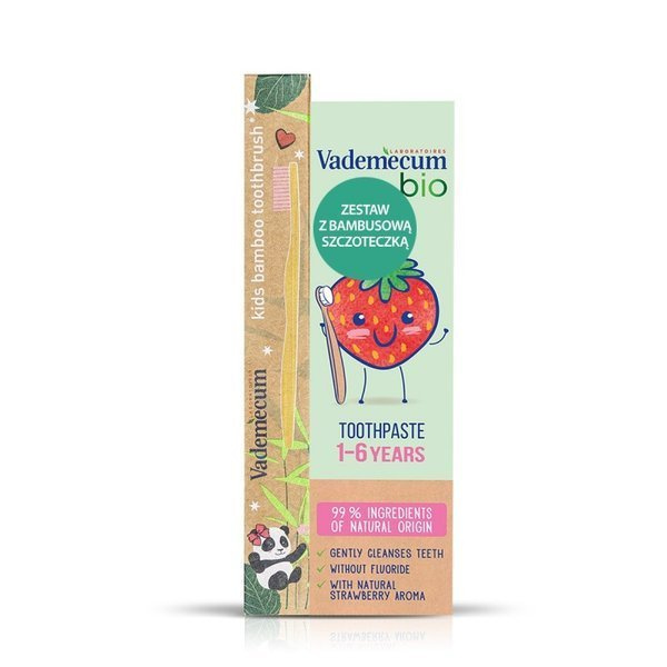 Vademecum Bio Kids Pasta do zębów dla dzieci 1-6 Strawberry 50ml bez fluoru + szczoteczka bambusowa gratis