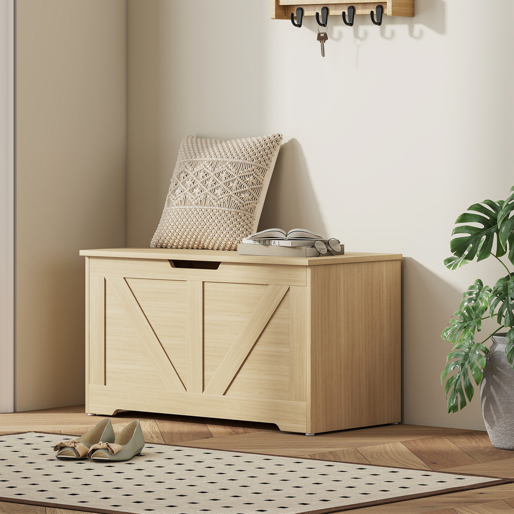 HOMCOM 100L Home Storage Box, with Safety Hinges - Natural Wood Finish