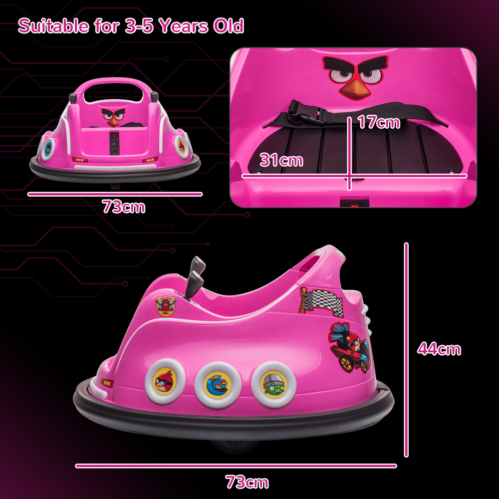AIYAPLAY Angry Bird Licensed Waltzer Car, 12V Kids Bumper Car w/ Joysticks, Remote, Music LED Lights, Pink