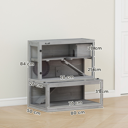 PawHut Wooden Hamster Cage with Hut, Wheel, Ramps, Removable Viewing Panels, 80 x 50 x 84 cm, Grey