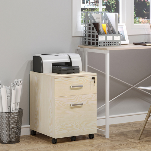 Vinsetto 2-Drawer Locking Office Filing Cabinet w/ 5 Wheels Rolling Storage Hanging A4 Cupboard Home Organisation, Oak Wood Grain