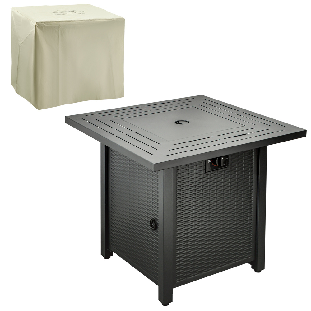 Outsunny Square Propane Gas Fire Pit Table, 40000 BTU Rattan Smokeless Firepit Patio Heater with Protective Cover, Glass beads and Lid, 71cm x 71cm x 63cm, Black