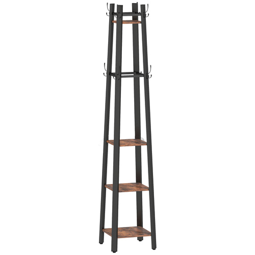 HOMCOM Industrial-Style Four Shelf Coat Stand - Brown/Black