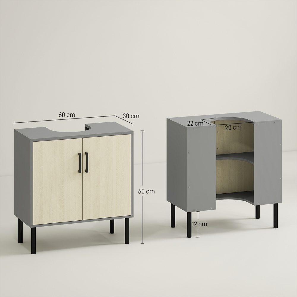 kleankin Under Sink Cabinet, Bathroom Vanity Unit, Storage Cupboard with Double Doors and Storage Shelves, 60x30x60cm, Natural