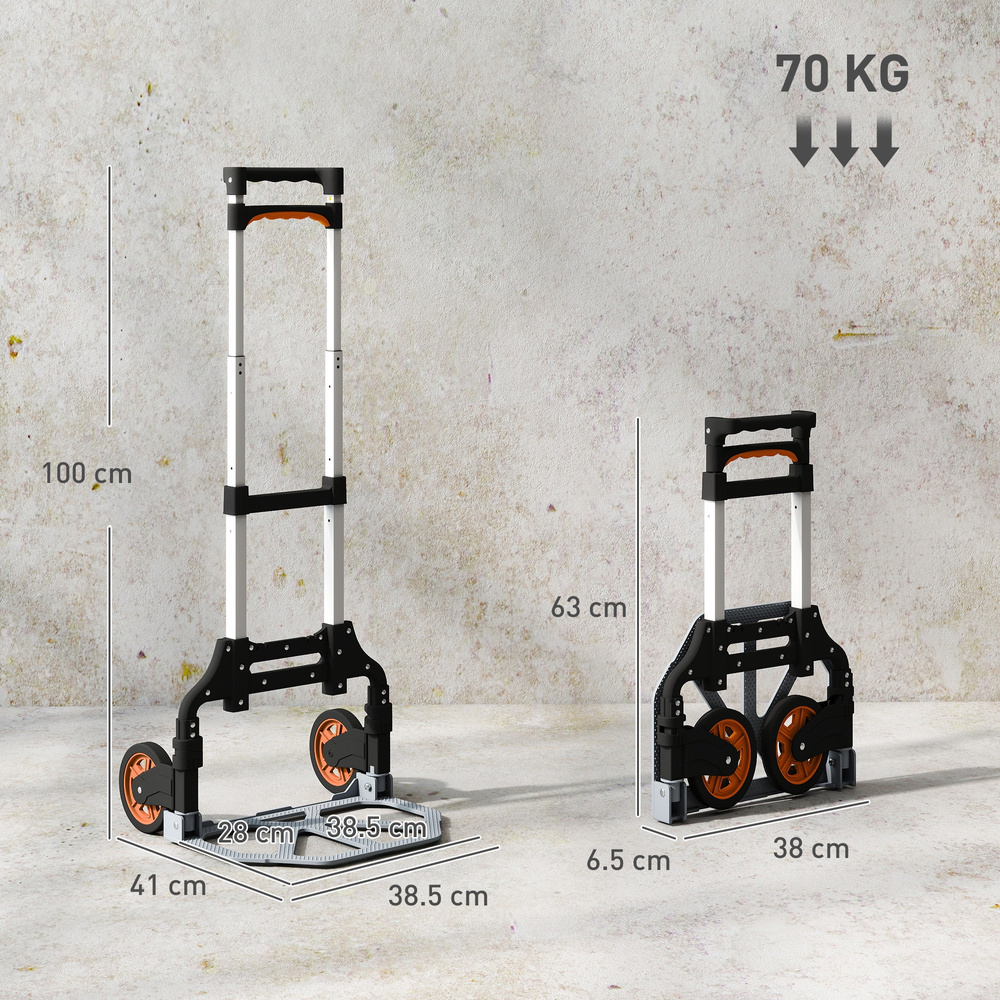 HOMCOM Folding Sack Truck, 70kg Lightweight Hand Truck with Wheels, Foldable Trolley Cart with Telescoping Handle for Warehouse, Office, Luggage, Silver Tone