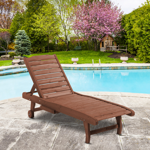 Outsunny Outdoor Wooden Lounger Chair, Sun Bed with Built-In Table, Adjustable Backrest and Wheels, Red Brown